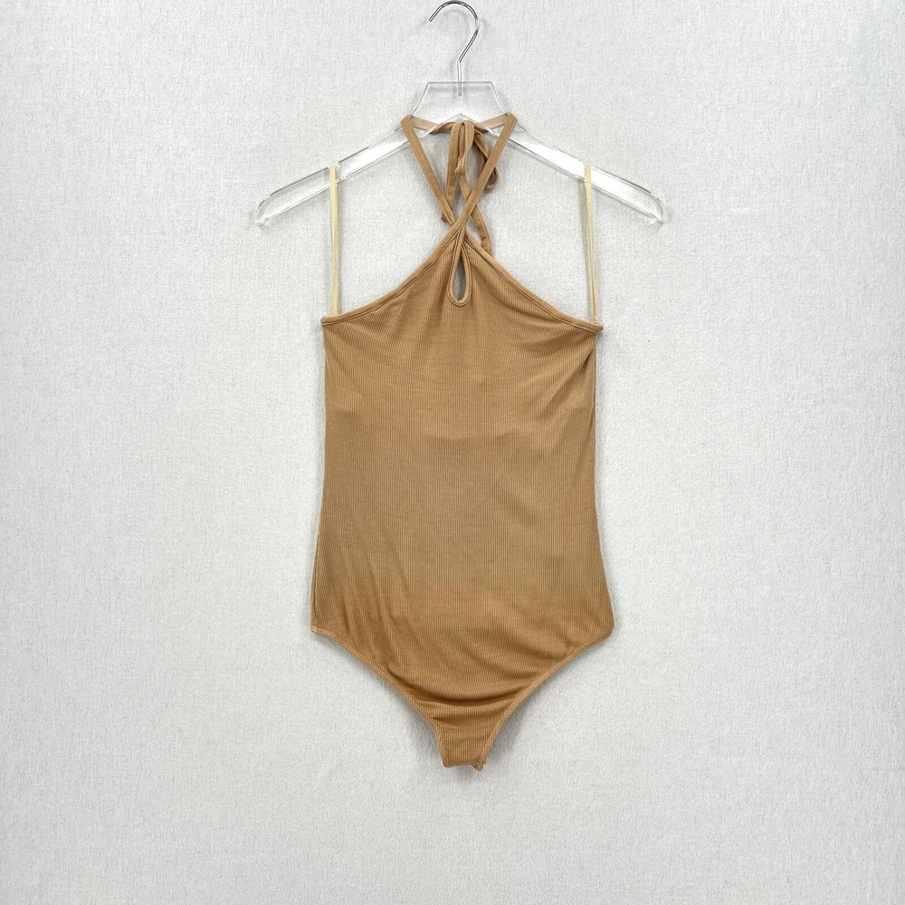 ENZA COSTA Halter Bodysuit Women Medium Tan Ribbed Silk Blend Keyhole Sleeveless - Picture 6 of 13